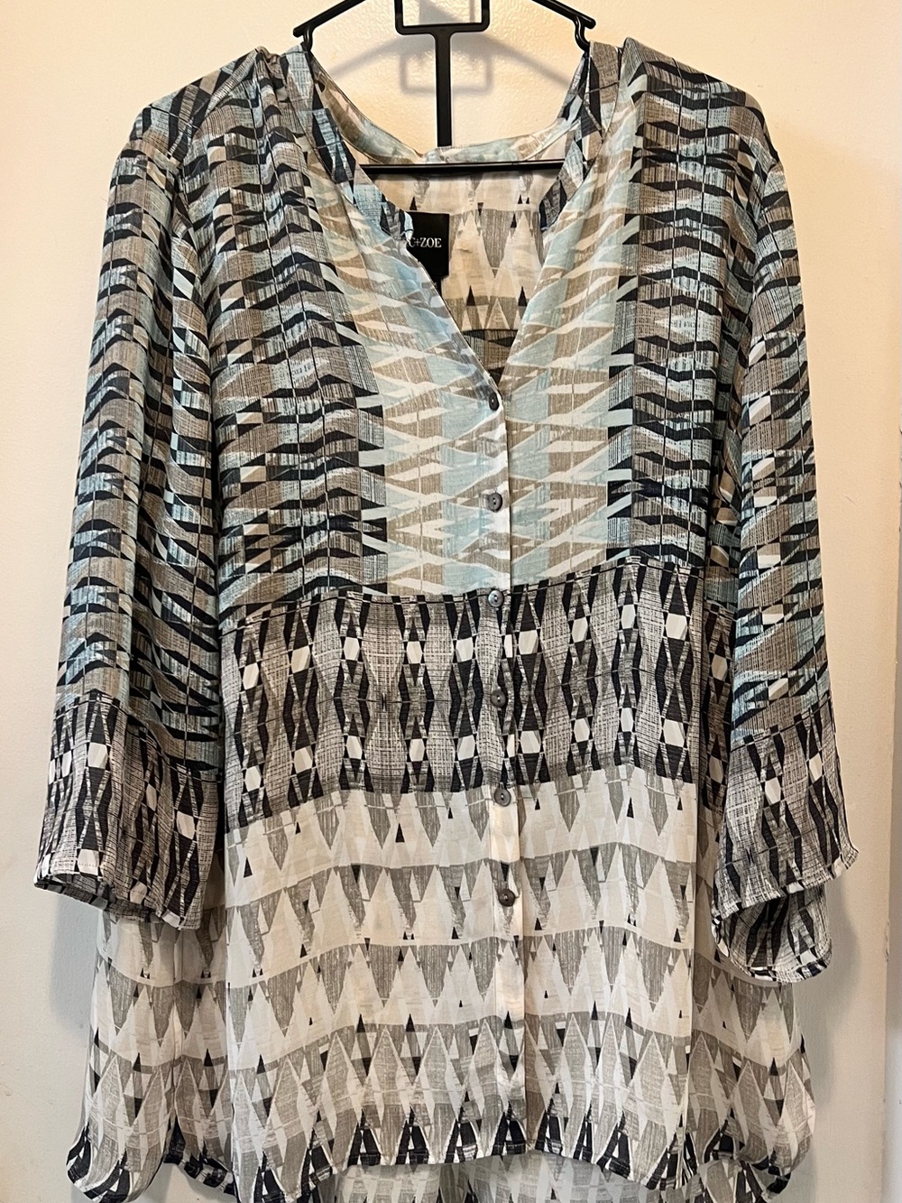 NIC+ZOE Blue, Black and White Geometric V-Neck Button Blouse